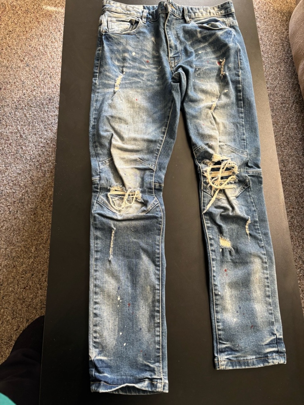 Men's Skinny Distressed Blue Denim Jeans with Ripped Knee Detail